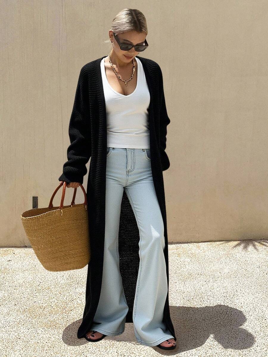 Livesso Women's Loose Solid Color Long Sleeve Long Casual Street Style Cardigan, Autumn/Winter