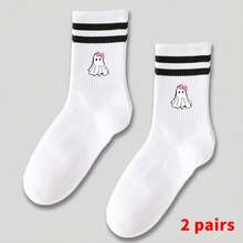 1 Par de Meias Médias Femininas Fofas com Laço e Estampa de Fantasma, Meias Brancas de Camada Dupla, Meias Longas Folgadas, Meias Listradas Pretas e Brancas, Meias Casuais Macias, Confortáveis e Respiráveis, Adequadas para Uso Diário, Festa de Halloween, Baile, Casa