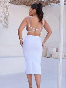 Women's Backless Midi Dress With Slit, Ribbed Neckline, Elegant, Tight Tube Dress - trắng - Xem 3