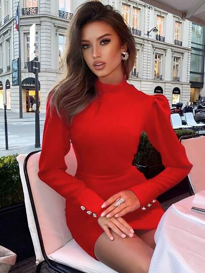 Christmas Women's Fantasy High Neck Short Bodycon Dress Embellished Long Sleeve Bandage Dress Red Elegant Wedding Evening Cocktail Party Dress Sexy Clothes