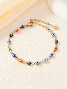 1pc Fashionable Golden Stainless Steel Devil Eye Bead Sliding Bracelet, Handmade With Size Variation