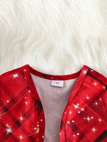 2 件女童圣诞格子星星印花短款开衫夹克和无袖格子蝴蝶结连衣裙套装，时尚度假派对装，秋季 - 紅色 - 查看 6
