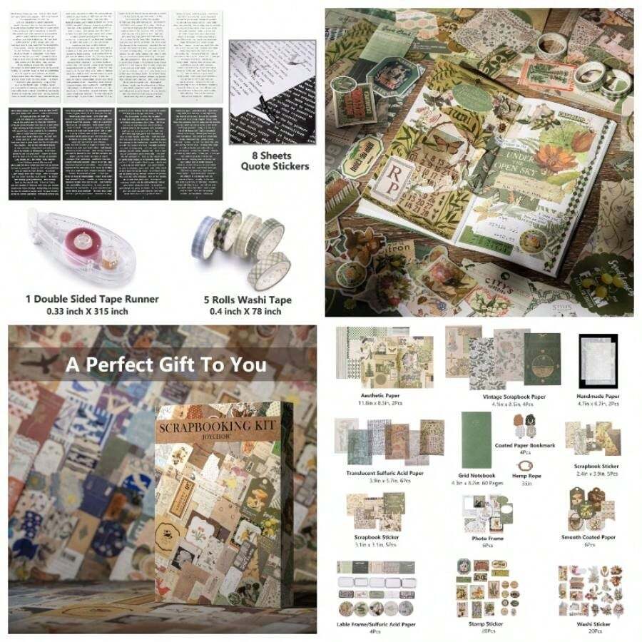 Vintage Junk Journal Supplies Aesthetic Journaling Kit, Scrapbook Papers Stickers Large Bullet Scrapbooking Materials, Planner Arts Collage, Adults - Green - View 1