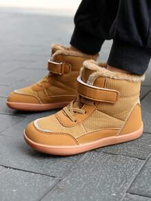 1 par de botas de invierno forradas térmicamente de unicolor y estilo de moda para niños, de piel sintética, cómodas y suaves con suela antideslizante y cierre, adecuadas para niñas y niños pequeños, para otoño/invierno