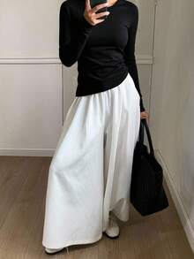 Livesso 女款休閒純色抓絨T恤，秋冬款，抓絨內裡長袖上衣，適合校園穿著 - 黑色 - 查看 3