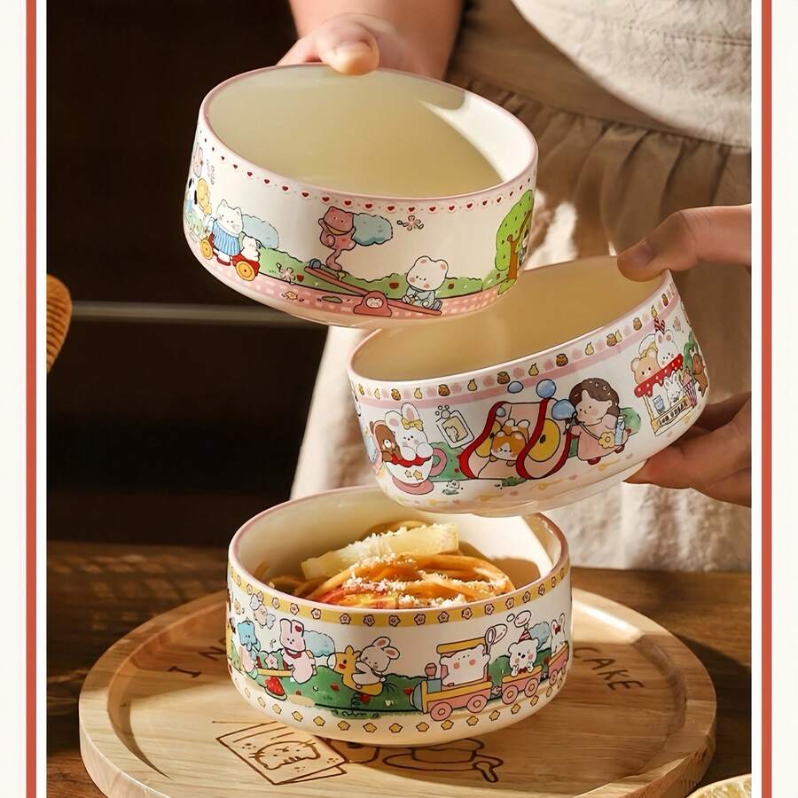 可爱女孩陶瓷Ogoo碗，卡通女孩餐具套装，适用于水果沙拉碗，米饭碗，燕麦碗，甜点碗，酸奶碗，面条碗，深汤盘，适用于家庭厨房，派对，餐厅