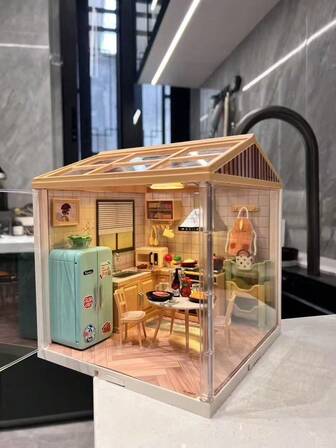 1 件儿童 DIY 组装娃娃屋厨房模型带灯、防尘罩、微型咖啡馆场景积木玩具礼物