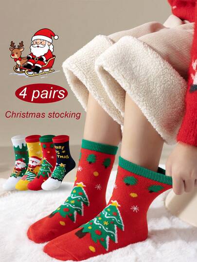 4 Pairs Kids' Cartoon Christmas Element Printed Crew Socks (6-12 Years Old) - Suitable For Girls, All Season Mid-Calf Socks, Adorable Patterns, Soft & Comfortable, Versatile For Daily & Outdoor Wear