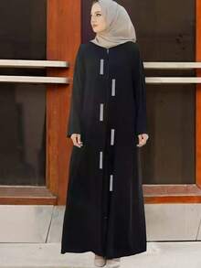 时尚气质休闲宽松拉链设计亮片女士圆领长袖黑色连衣裙Abaya Jilbabs迪拜适合日常居家节日四季 - 黑色 - 查看 1