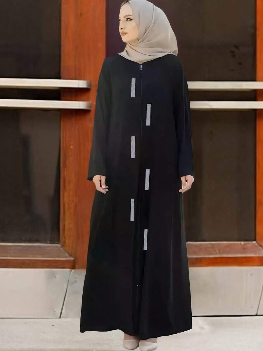 时尚气质休闲宽松拉链设计亮片女士圆领长袖黑色连衣裙Abaya Jilbabs迪拜适合日常居家节日四季 - 黑色 - 查看 1