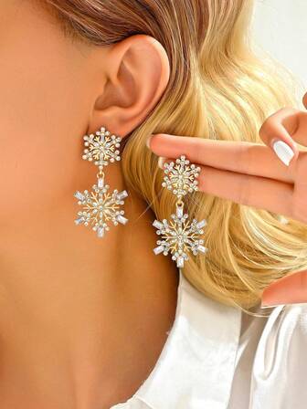 1 Pair Winter Minimalist Cute Shiny Crystal Snowflake Pendant Earrings, Christmas Earring Accessories