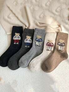 5 Pairs Autumn/Winter Cute Cartoon Bear Soft Warm Mid-Calf Slouch Socks, Sweet Preppy Style, Random Assortment - Multicolor - View 2