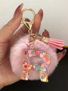1 Pc Alphabet Initial Letter Keychain Cute Plush Pom Key Chain Ring Bag Backpack Charm Car Hanging Pendant Women Girls Gift,Cute Sequins Resin Key Chain,Wallet And Handbag Accessories, Keychain With Tassels,Alphabet Initial Letter A-Y School - 粉色 - 查看 10