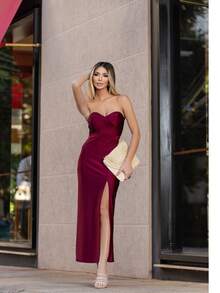 Long Strapless Dress With Slit Mesh Prd - Redwood - View 9