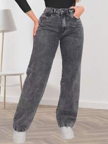 Women's Wide Leg Jeans Denim Butt Lift High Waist Thick Premium Fabric Light Or Graphite Wash Marbled Wide Leg - 石墨灰 - 查看 3