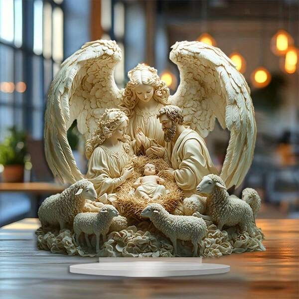 Bohemian Nativity Scene With Acrylic Display Stand - Beetle Wood, Perfect For Home & Office Decor, Ideal Christmas Gift, No Text, Suitable For Porch And Room