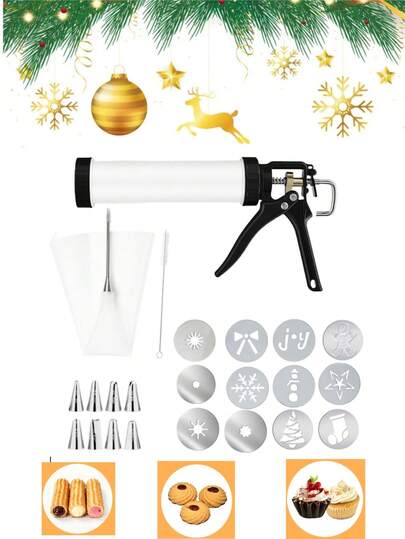 New Multi-Functional Baking Tool Cookie Gun, Piping Bag, Churros Maker, Spanish Churro Maker, Latin Fruit Machine, Christmas Theme Cookie Gun Molds - Gingerbread Man, Christmas Tree, Snowflake, Christmas Stocking Shapes, Cookie Cutter, No Electricity Needed, Various Nozzles, Cleaning Brush, Home Baking Set, DIY Baking Set, Kitchen Gadget