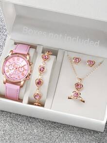 Set da 6 orologi da polso al quarzo da donna, stile romano classico con quadrante a tre lancette, più set di gioielli con strass a forma di cuore (scatola per orologio non inclusa)