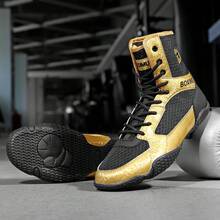 Sapatos de luta livre masculinos, sapatos de boxe de cano alto, sapatos de treino, botas de kickboxing, sapatos de artes marciais para fitness, sapatos esportivos profissionais de alta qualidade para homens, confortáveis, antiderrapantes, duráveis, respiráveis, com suporte para o tornozelo e sola texturizada. - Ouro Negro 25012 - Ver 1