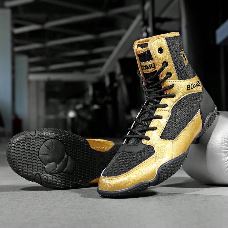 Sapatos de luta livre masculinos, sapatos de boxe de cano alto, sapatos de treino, botas de kickboxing, sapatos de artes marciais para fitness, sapatos esportivos profissionais de alta qualidade para homens, confortáveis, antiderrapantes, duráveis, respiráveis, com suporte para o tornozelo e sola texturizada. - Ouro Negro 25012 - Ver 1