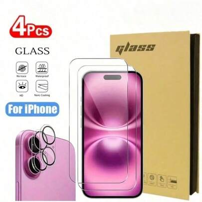 2pcs HD Tempered Glass Screen Protector +2pcs Camera Lens Film Protector, Full Coverage Protection With HD Clarity, Anti-Scratch, Easy Installation For IPhone 12/13/14/15/16/Pro/Promax