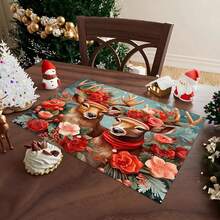 4 buc. Covorașe de masă dreptunghiulare din in, cu imprimeu de reni de Crăciun - Covorașe de masă țesute din in, pentru sufragerie, bucătărie, masă de cafea, decor pentru masă