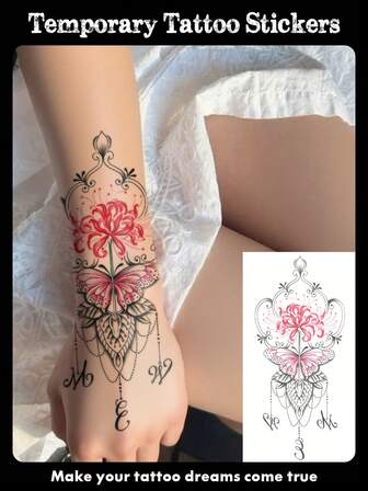 1 Sheet Big Size Temporary Body Art Tattoo Sticker Suitable For Women, Waterproof Fake Tattoo,Butterfly And Flower Henna Romantic Lace Feminine Pattern, Lasting 2-5 Days, Can Be Used On Arms, Chest, Shoulders, Waist, Legs, Suitable For Parties, Gifts, Vacations,Body Decorations