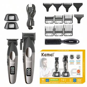  [Grado profesional de barbero] Juego de cortadora de pelo eléctrica KEMEI KM-8536 avanzada | Herramienta de peluquería premium con cuchillas de cerámica y pantalla LCD | Autonomía inalámbrica de 180 minutos | Incluye base de carga | Para degradados, recorte de barba y cortes de pelo de precisión para hombres