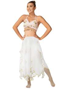 Bộ đồ múa bụng hai mảnh dành cho nữ: Áo croptop hở lưng đính sequin và chân váy chiffon bất đối xứng họa tiết lá sen. - Nhiều màu - Xem 15