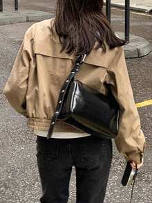 Chaqueta exterior de mujer estilo coreano de unicolor con solapa y cremallera, Nora Noon