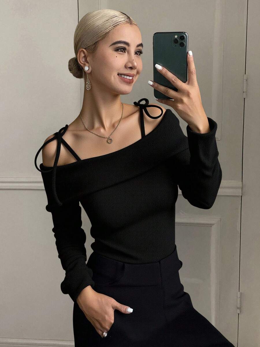 Livesso Women's Off Shoulder Tie Front T-Shirt, Black, Spring/Summer,Fall Clothes Going Out Tops - Black - View 1