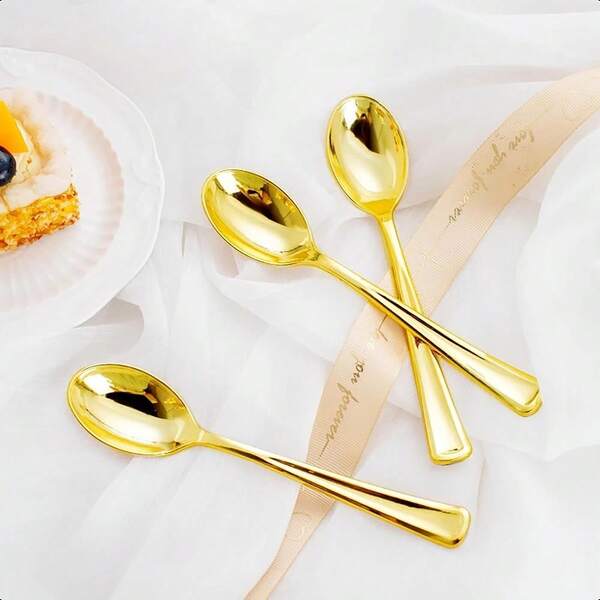 100/75/50/25/20/10/5 piezas Cucharas doradas para pastel/ensalada, reutilizables y lavables, ideales para fiestas, eventos al aire libre, reuniones familiares, bodas, festividades, servir pastel y ensalada