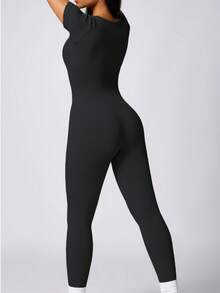 Womens Workout Winter Long Jumpsuits Seamless Yoga Gym Bodycon Rompers Sexy Unitard Tummy Control - Short Black - View 4