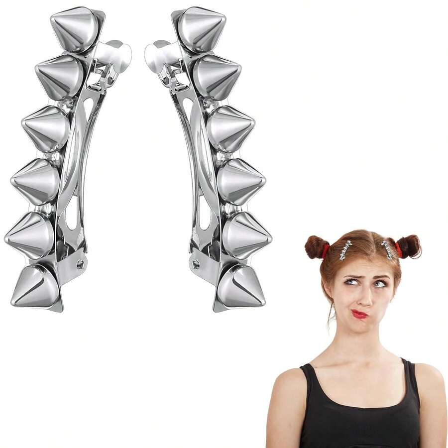 2 Pcs Halloween Punk Spike Hair Clips Silver Goth Rivet Studded Hair Accessories For Women Halloween Cosplay Partyhalloween - 1 - 查看 1