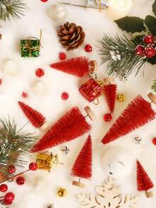 6 piezas - Árboles de Navidad rojos miniatura artificiales, árboles de cepillo de botella con base de madera, árbol de Navidad de sisal con escarcha artificial, manualidades DIY de mini pino para decoración navideña, fiesta de Navidad, hogar, decoración de mesa, adornos de invierno (Rojo)