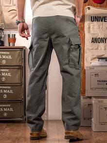 男士户外多口袋工装裤，纯色平面前片休闲裤，适合送给男友或丈夫 - 灰色 - 查看 3