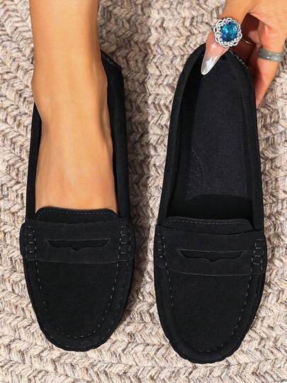 New Women Suede Knit Black Flat Shoes,Elegant Imitation Suede Flats, All-Season Comfortable Solid Color Slip On Loafers, Round Toe Versatile Casual High-End Lightweight Outdoor/Work Shoes For Women