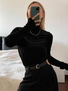 Livesso 女式天鹅绒纯色黑色长袖休闲 T 恤，秋季女装高领衫 - 黑色 - 查看 6