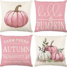 4 pezzi Federe con motivo zucca rosa, decorazione per interni ed esterni, motivo parabolico, federe per cuscini e coperte, federe autunnali stile fattoria, federe per cuscini da camera da letto e divano a tema Ringraziamento e raccolto, stampa su un lato, inserti per cuscini non inclusi - Rosa - Visualizzare 8