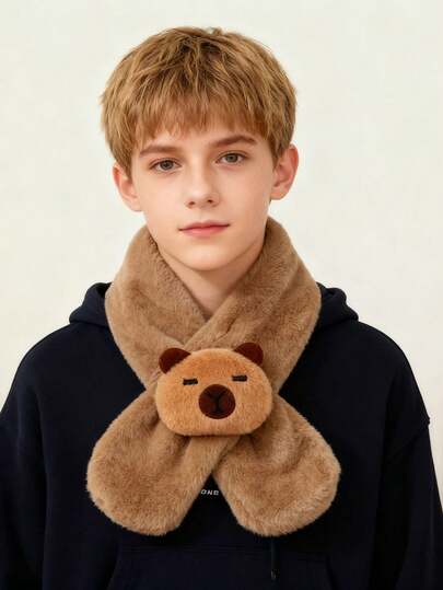 1pc Kids Scarf, Cartoon Capybara Design, Warm Winter Accessory For Girls/Boys, Cute Style, Breathable Knitted Fabric, Autumn/Winter Season, Fashionable Girls' Scarf