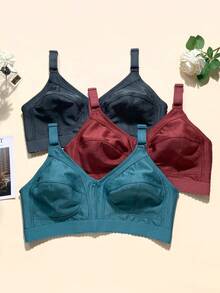 3pcs Floral Print Casual - Comfortable Minimalist Casual - Athletic Casual - Regular Casual Knit Fabric Banded Plus Size Bras For Women - Multicolor - View 4