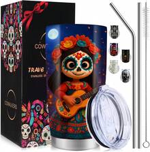 Vaso Térmico de 20 oz para Día de Muertos y Halloween - Doble Pared Aislante, Diseño de Calaveras y Catrinas - Ideal para Café, Agua- Decoración Festiva para Casa u Oficina (Azul) - AZUL - Ver 1