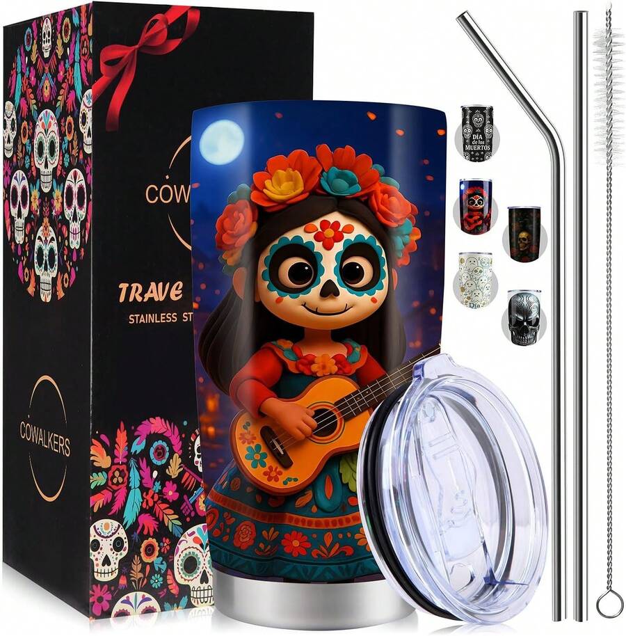 Vaso Térmico de 20 oz para Día de Muertos y Halloween - Doble Pared Aislante, Diseño de Calaveras y Catrinas - Ideal para Café, Agua- Decoración Festiva para Casa u Oficina (Azul) - AZUL - Ver 1