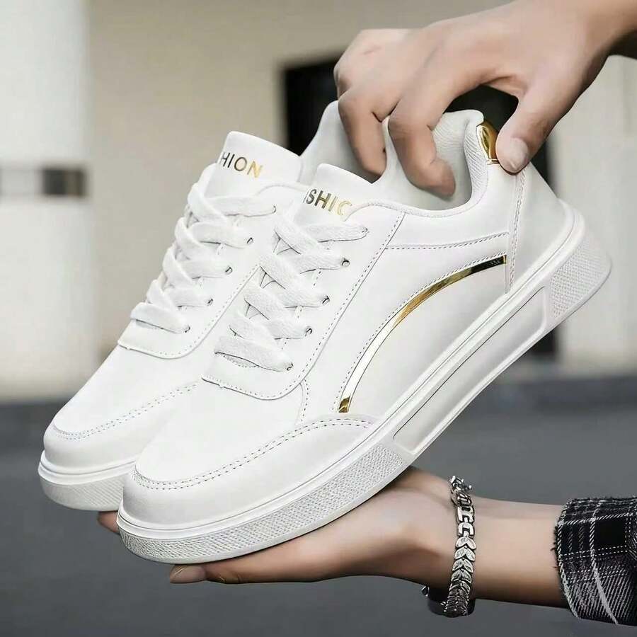 New White Leather Lace-Up Low-Top Sneakers, Round Toe With Thick Sole. Breathable, Non-Slip And Stylish For Students And Daily Casual Wear