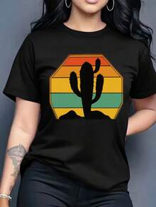 Camiseta Negra para Mujer con Cactus en Estilo Retro y Colores Vibrantes, Estética del Suroeste, Ideal para Viajes o Días Soleados, Tejido Transpirable, Perfecta para Mujeres Amantes del Desierto y la Moda Vintage, Trendy,blusas para mujer,playeras de mujer,blusas,blusas para dama casuales,halloween,disfraz halloween mujer,blusas elegantes dama,tops.playeras navideñas,blusas elegantes dama,blusas curvy mujer. - Negro - Ver 1