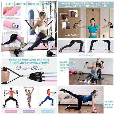 Pilates Bar Set With 6 Resistance Bands, Adjustable Resistance Bands Women And Men, Fitness Bands Home Gym Yoga, Pilates, Stretch, Strength Training F