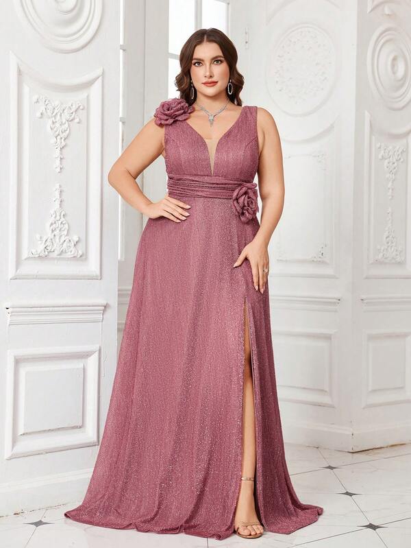 UNITHORSE UNITHORSE Plus Women's V-Neck Three-Dimensional Flower Slim-Fitting Slit Temperament Sequin Thread Evening Dress