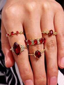 5pcs/Set Fashionable Luxury Rhinestone & Red Gemstone Gold Color Rings, Versatile Jewelry Suitable For Girlfriend, Wedding, Engagement - Multicolor - View 6