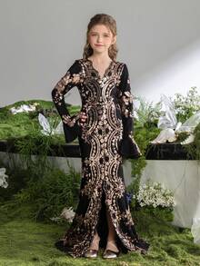 ALISA&LEO Elegant V-Neck Long Sleeve Sequin Girls' Formal Dress With Flared Cuffs And High Slit For Wedding Ceremonies, Evening Galas, Award Ceremonies, Holiday Balls, And Formal Receptions