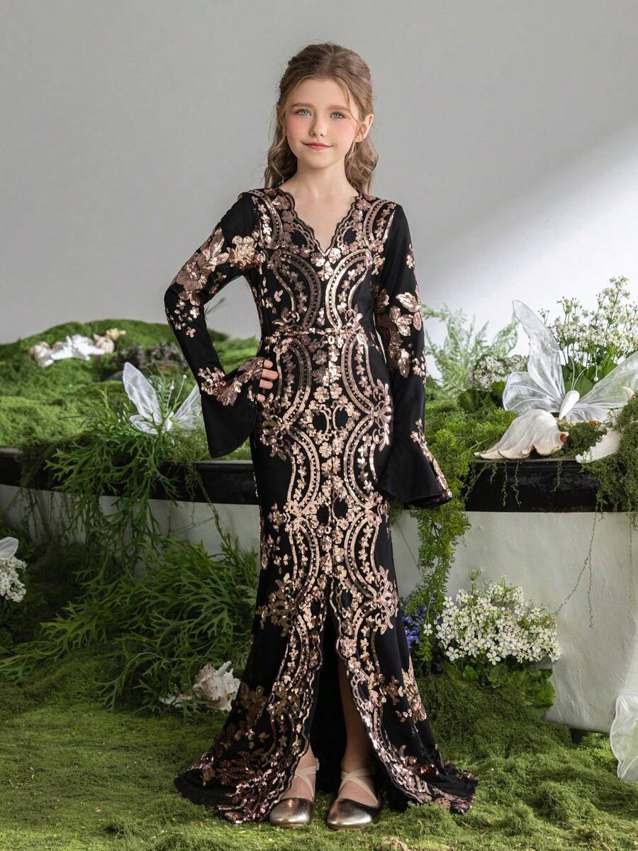 ALISA&LEO Elegant V-Neck Long Sleeve Sequin Girls' Formal Dress With Flared Cuffs And High Slit For Wedding Ceremonies, Evening Galas, Award Ceremonies, Holiday Balls, And Formal Receptions